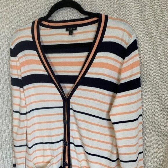 Talbots Womens Medium Petite Ivory Striped Cardigan Pockets Lightweight Layering - Picture 4 of 9